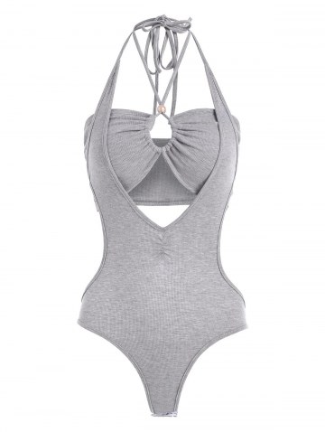 2pcs Halter Rib-knit Bandeau Top And Backless Bodysuit