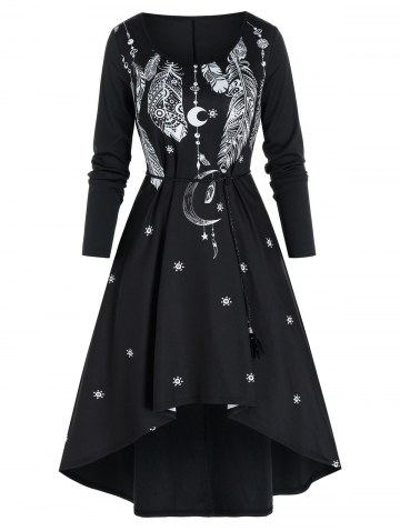 Bohemian Feather Printed Tassel Belt Dress