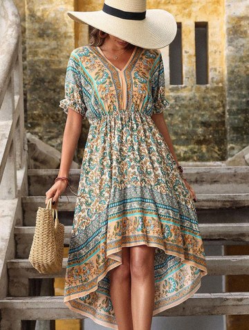 Bohemian Floral Print Ruffle Batwing Sleeve High Low Dress
