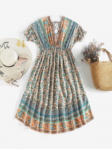 Bohemian Floral Print Ruffle Batwing Sleeve High Low Dress