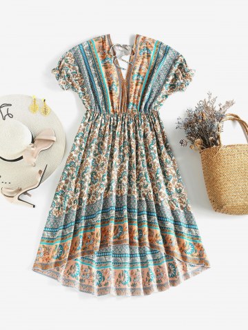 Bohemian Floral Print Ruffle Batwing Sleeve High Low Dress