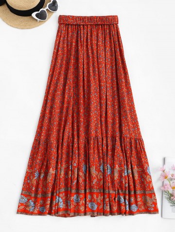 Buttons Slit Ruched Ditsy Floral Print Maxi Skirt