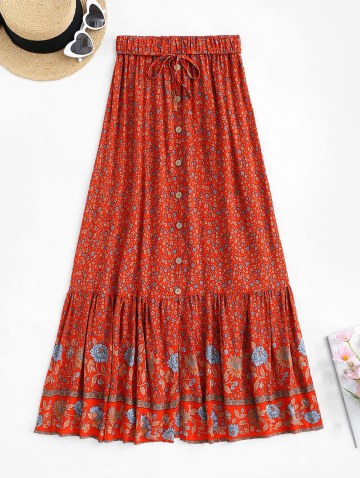 Buttons Slit Ruched Ditsy Floral Print Maxi Skirt