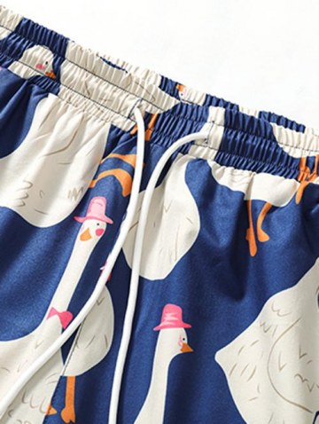 Cartoon Goose Printed Drawstring Casual Shorts