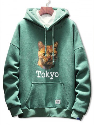 Cat Letter Print Pocket Drawstring Hoodie
