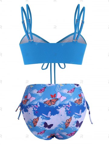 Cinched Ribbed Butterfly Print High Waisted Bikini Swimwear