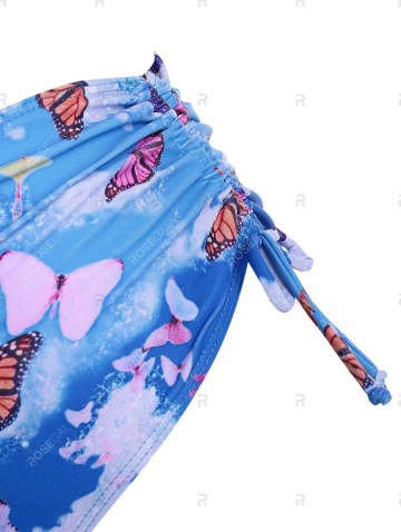 Cinched Ribbed Butterfly Print High Waisted Bikini Swimwear
