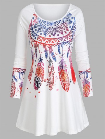 Colorful Feather Print Ralgan Sleeve Casual T Shirt