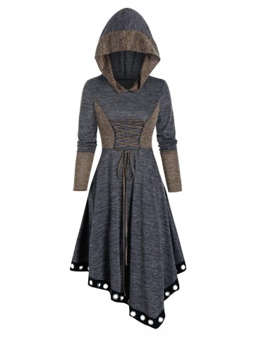 Contrast Color Lace Up Asymmetrical Hooded Dress