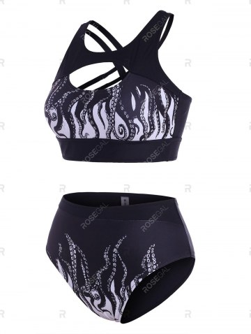 Criss Cross Cutout Octopus Print Tankini Swimwear