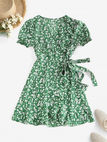 Ditsy Print Puff Sleeve Ruffle Belted Wrap Dress