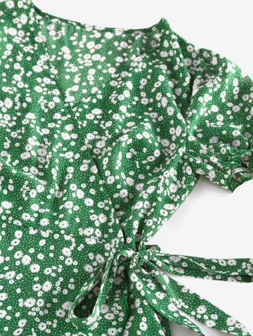 Ditsy Print Puff Sleeve Ruffle Belted Wrap Dress