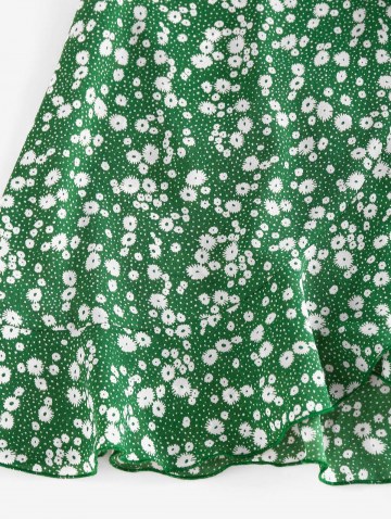 Ditsy Print Puff Sleeve Ruffle Belted Wrap Dress