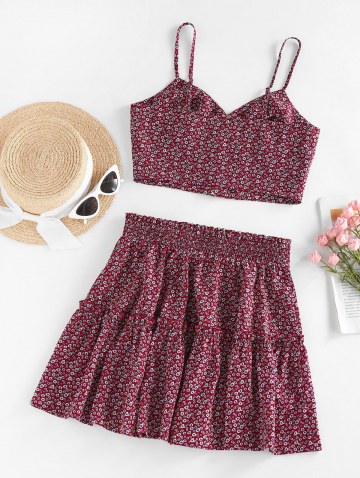 Ditsy Print Ruffle Buttoned Tiered Skirt Set