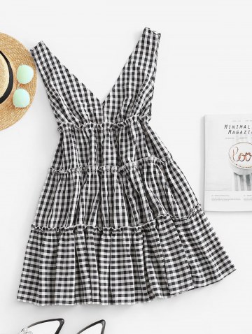 Double V Gingham Frilled Tiered Smock Dress