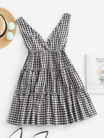 Double V Gingham Frilled Tiered Smock Dress