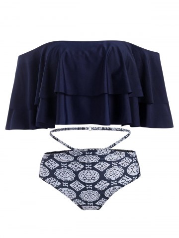 Ethnic Flower Cutout Flounce Off Shoulder Bikini Swimwear