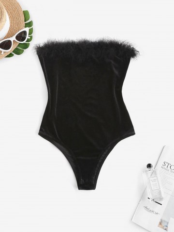 Faux Fur Panel Velvet Strapless Bodysuit