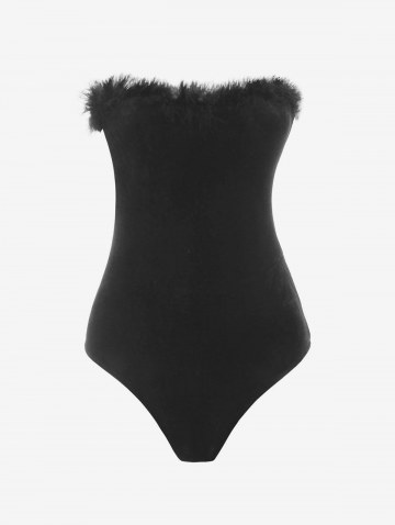 Faux Fur Panel Velvet Strapless Bodysuit