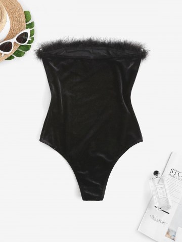 Faux Fur Panel Velvet Strapless Bodysuit