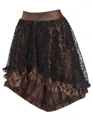 Flocking Leaf Lace Insert Ruffle High Low Skirt