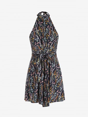 Floral Belted Open Back Halter Dress