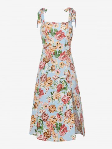 Floral Print Tie Shoulder Slit Midi Dress