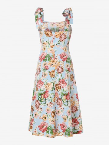Floral Print Tie Shoulder Slit Midi Dress