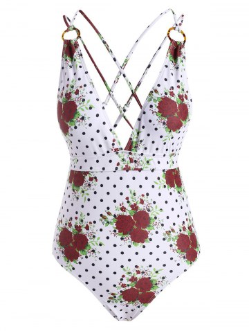 Flower Polka Dot Criss Cross O Ring Backless One-piece Swimsuit