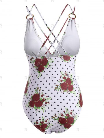 Flower Polka Dot Criss Cross O Ring Backless One-piece Swimsuit