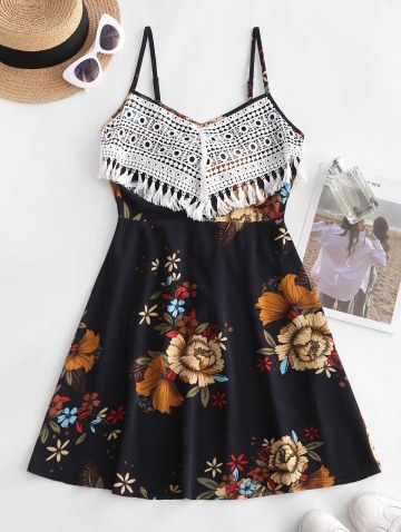 Flower Print Crochet Tassel Tie Back Dress