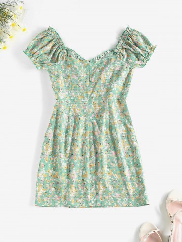 Front Slit Puff Sleeve Ditsy Floral Bustier Dress