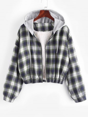 Fuzzy Flannel Hooded Faux Shearling Lined Plaid Jacket