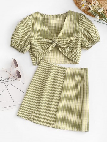 Gingham Puff Sleeve Front Twist Two Piece Skirt Set
