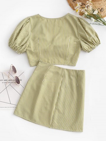Gingham Puff Sleeve Front Twist Two Piece Skirt Set