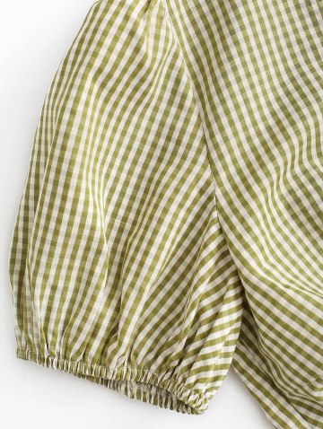 Gingham Puff Sleeve Front Twist Two Piece Skirt Set