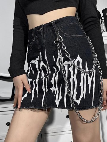 Graphic Print Chain Topstitching Denim Skirt