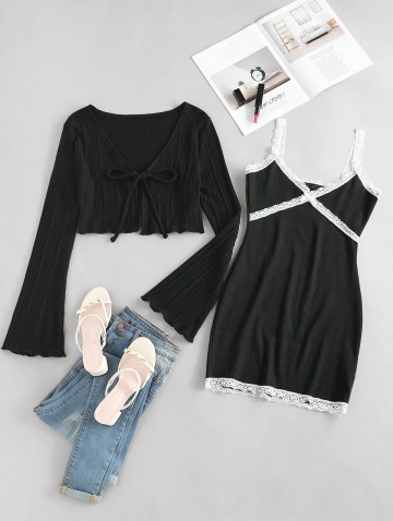 Lace Insert Bowknot Bodycon Dress With Tie Front Cardigan