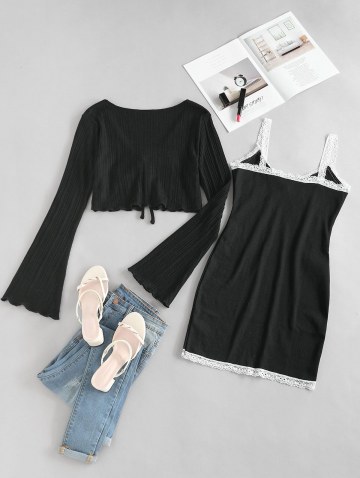 Lace Insert Bowknot Bodycon Dress With Tie Front Cardigan