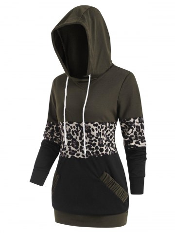 Leopard Patchwork Pocket Drawstring Hoodie