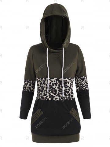 Leopard Patchwork Pocket Drawstring Hoodie