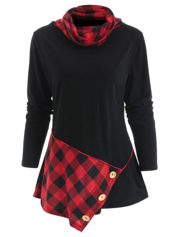 Long Sleeve Cowl Neck Tartan T-shirt