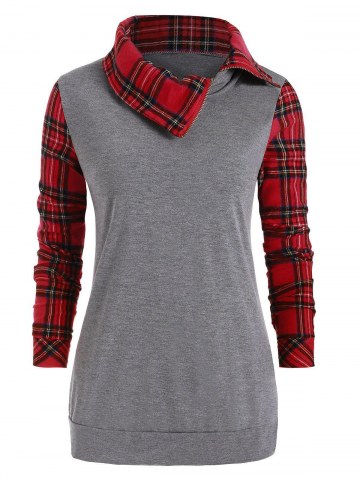 Mock Button Plaid Loose Sweatshirt