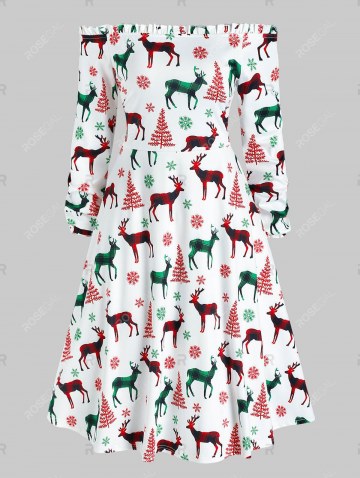 Off The Shoulder Christmas Elk Print Dress And Top Set