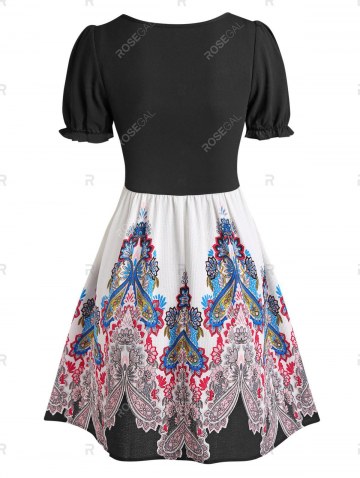 Paisley Printed Puff Sleeve A Line Dress