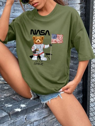 Patriotic American Flag Bear Print Drop Shoulder T Shirt