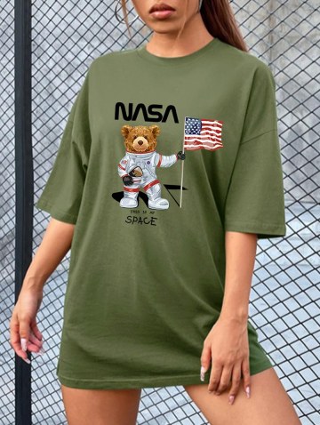 Patriotic American Flag Bear Print Drop Shoulder T Shirt