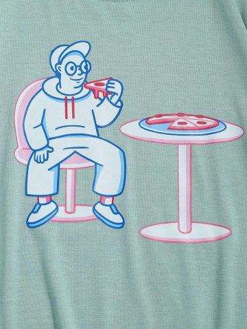 People Table And Pizza Print Round Neck T-shirt