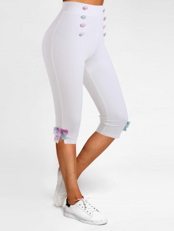 Plaid Insert Bowknot Mock Button Slit Crop Leggings