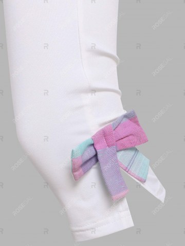 Plaid Insert Bowknot Mock Button Slit Crop Leggings